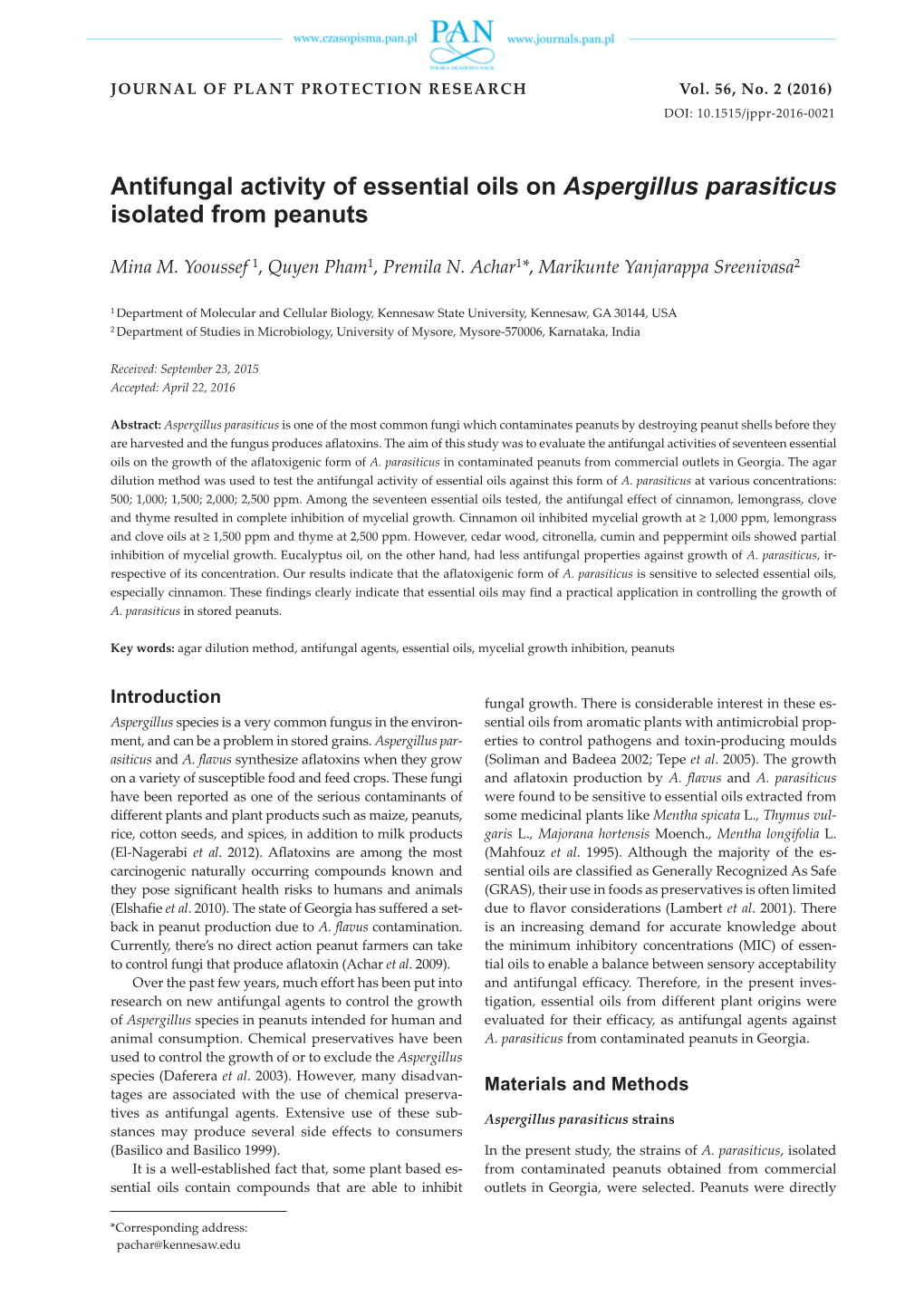 Antifungal Activity of Essential Oils on Aspergillus Parasiticus Isolated from Peanuts