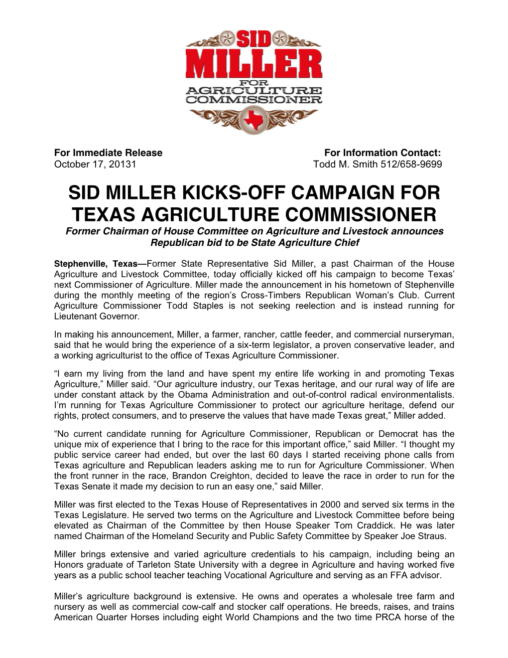 Sid Miller Kicks-Off Campaign for Texas Agriculture