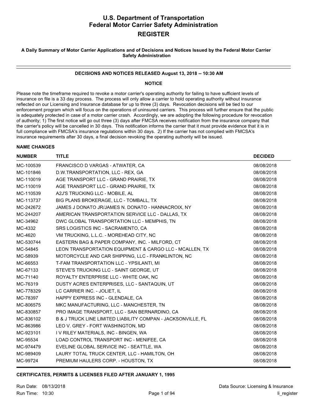 U.S. Department of Transportation Federal Motor Carrier Safety Administration REGISTER