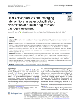 Plant Active Products and Emerging Interventions in Water Potabilisation: Disinfection and Multi-Drug Resistant Pathogen Treatment Adeyemi O