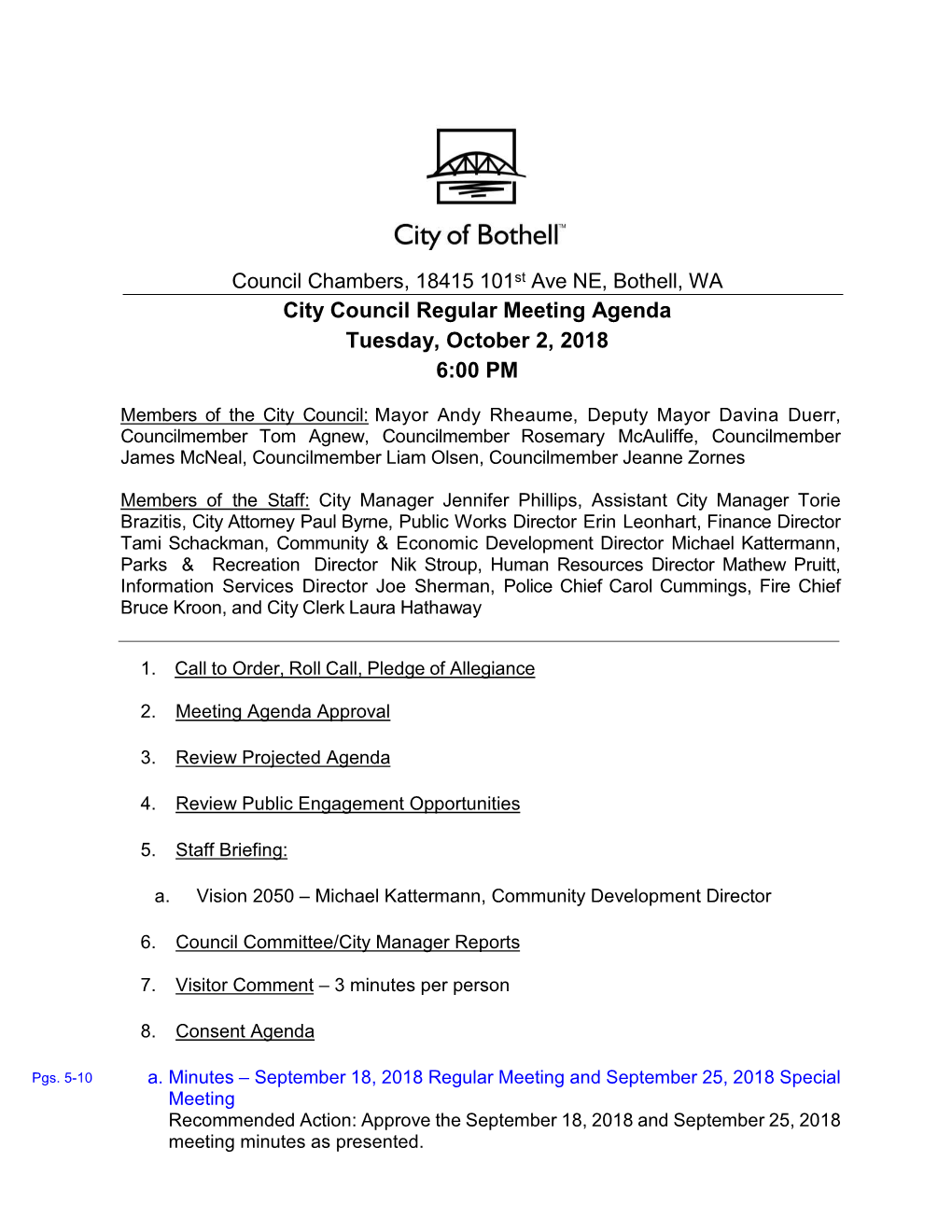 City Council Regular Meeting Agenda Tuesday, October 2, 2018 6:00 PM