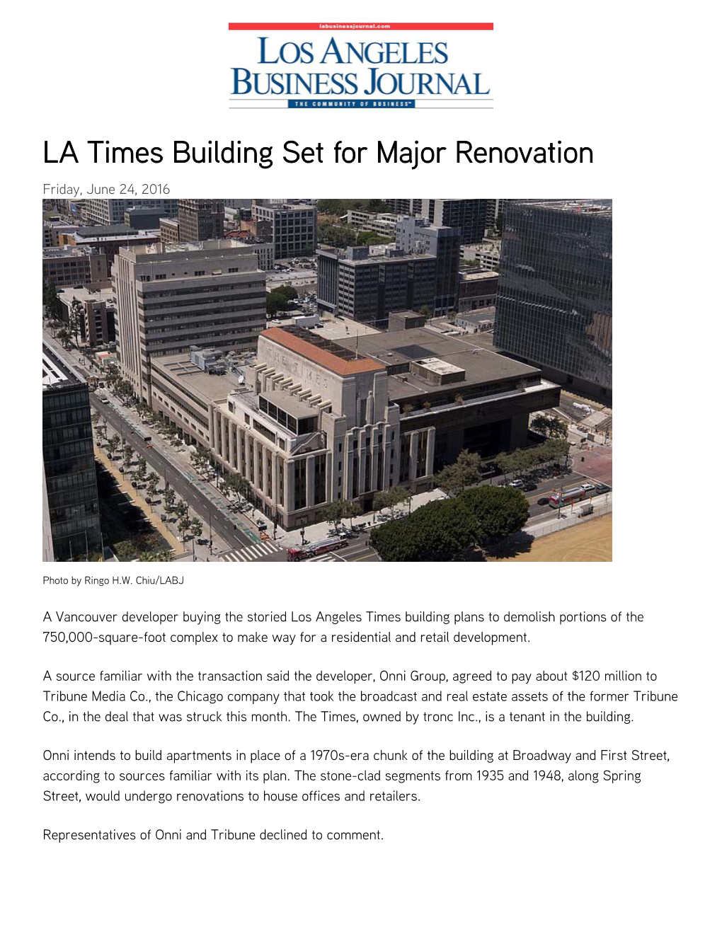 LA Times Building Set for Major Renovation Friday, June 24, 2016