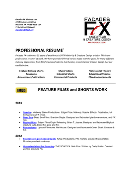 PROFESSIONAL RESUME` Facades FX Celebrates 25 Years of Excellence Is SPFX Make-Up & Creature Design Artistry