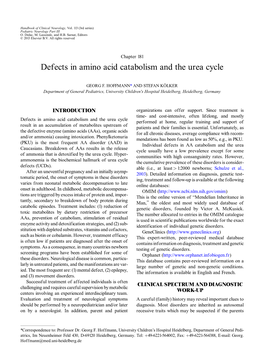 Defects in Amino Acid Catabolism and the Urea Cycle