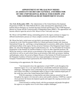 Appointment of Mr. Kalman Mizsei As Assistant Secretary-General and Director of the Undp Regional Bureau for Europe and the Commonwealth of Independent States