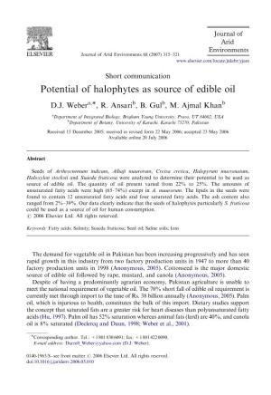 Potential of Halophytes As Source of Edible Oil