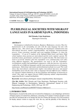 Plurilingual Societies with Migrant Languages in Karimunjawa, Indonesia