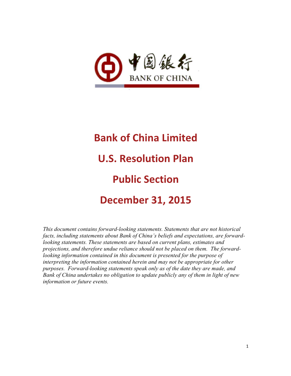 Bank of China Limited US Resolution Plan Public Section December 31, 2015