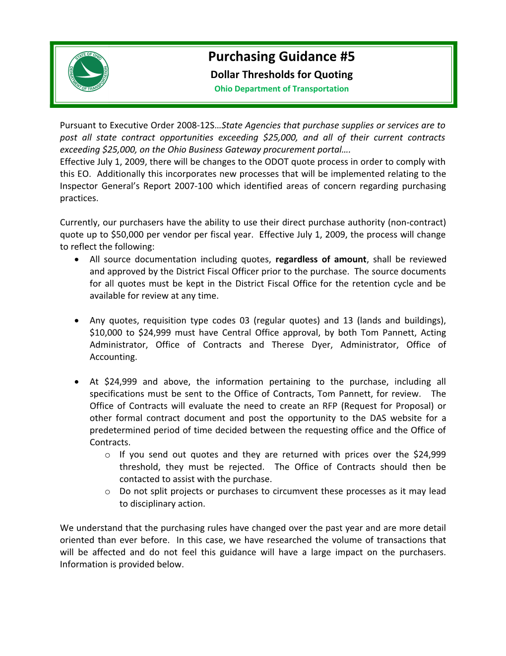 Dollar Thresholds for Quotes (Guidance V)