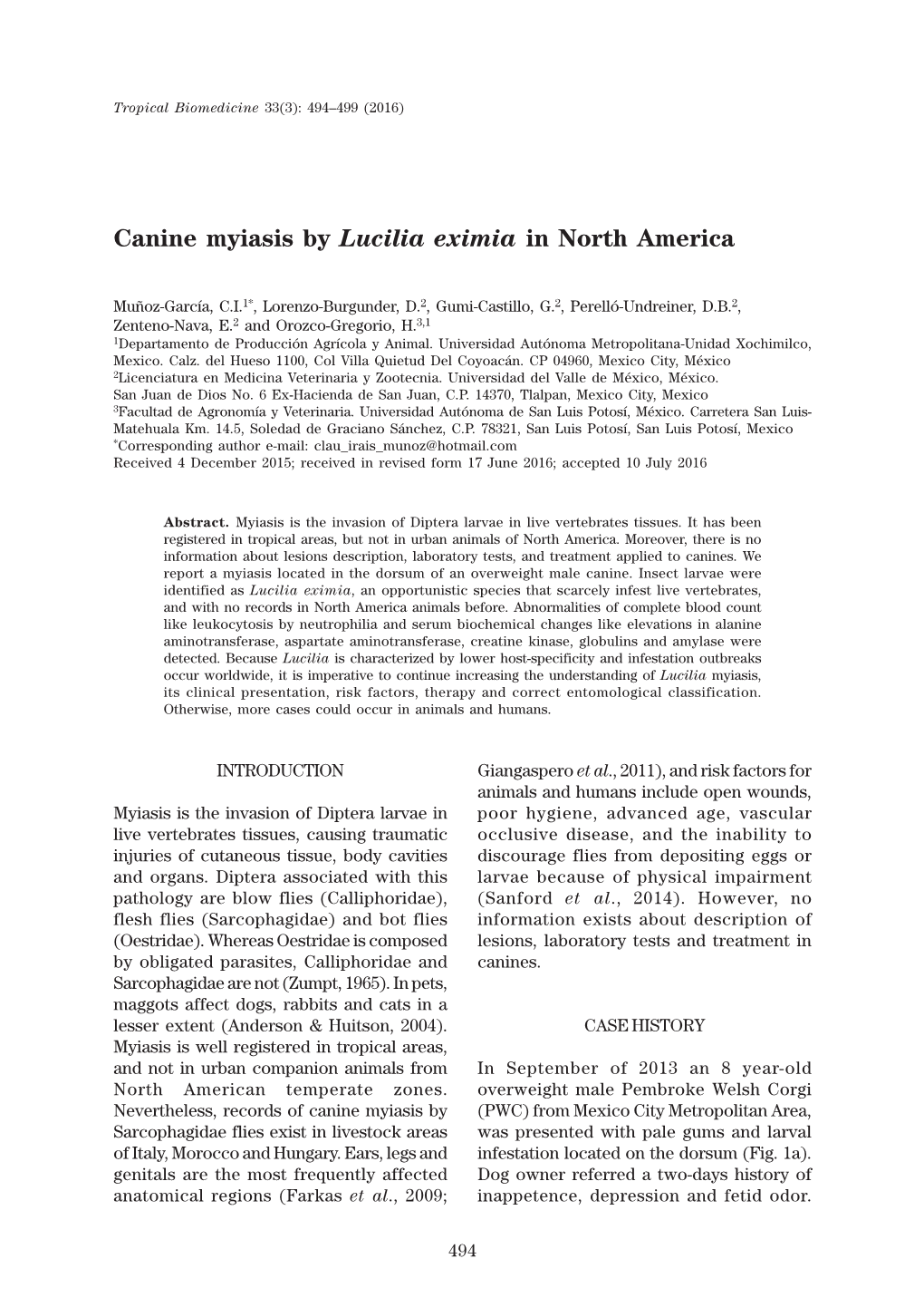 Canine Myiasis by Lucilia Eximia in North America