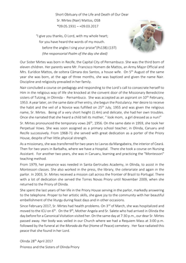 Short Obituary of the Life and Death of Our Dear Sr. Mirtes (Nair) Mattos, OSB *09.05.1931 – +09.03.2017