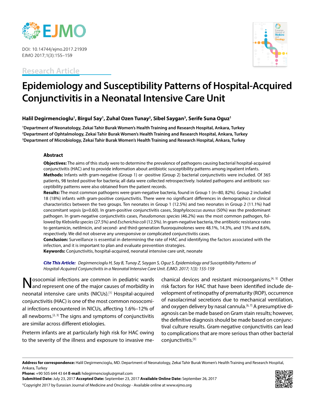 Epidemiology and Susceptibility Patterns of Hospital-Acquired Conjunctivitis in a Neonatal Intensive Care Unit