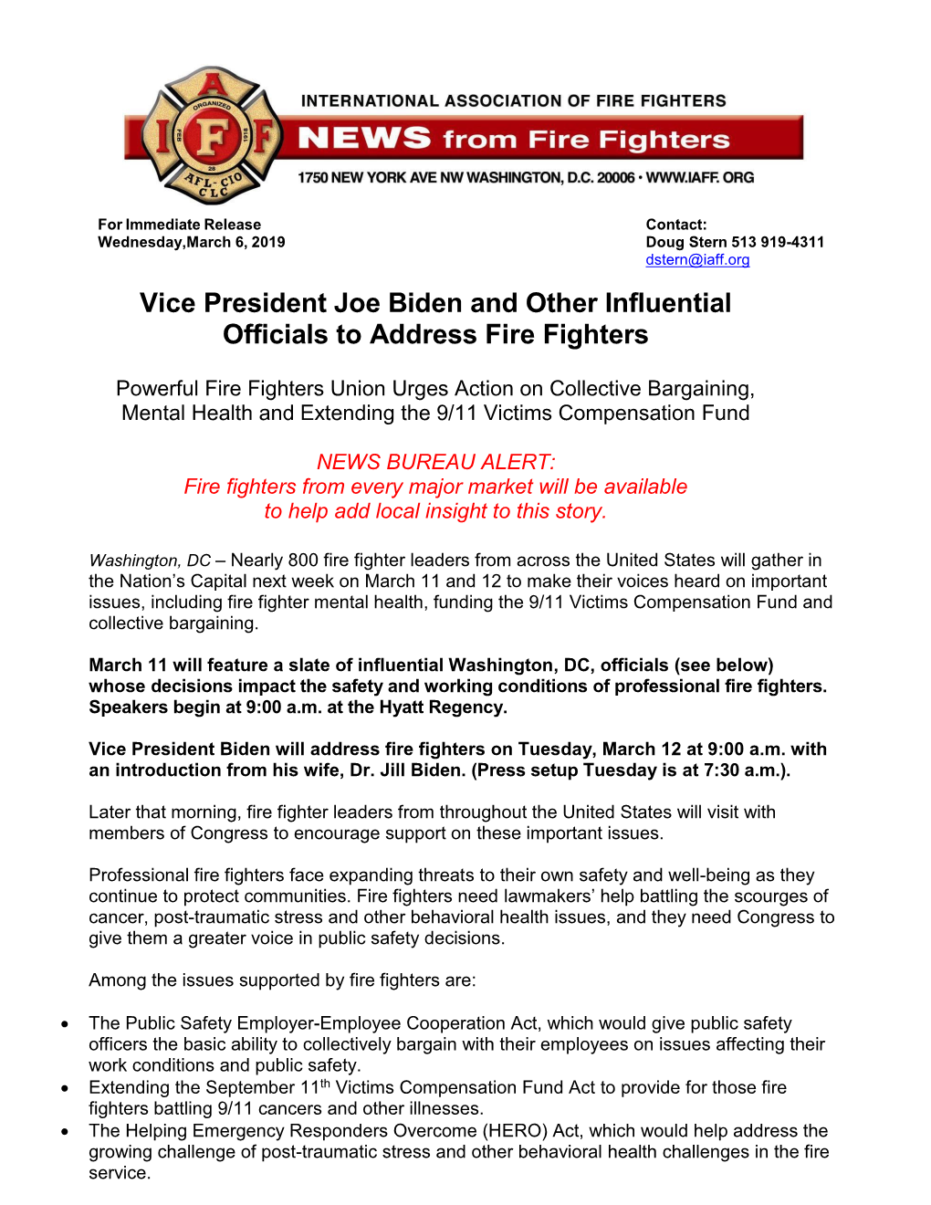 Vice President Joe Biden and Other Influential Officials to Address Fire Fighters
