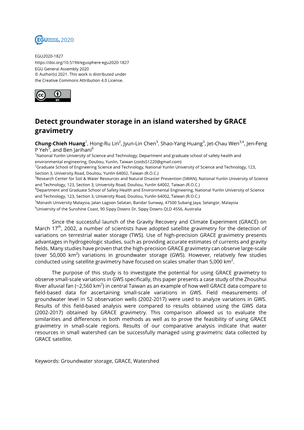 Detect Groundwater Storage in an Island Watershed by GRACE Gravimetry