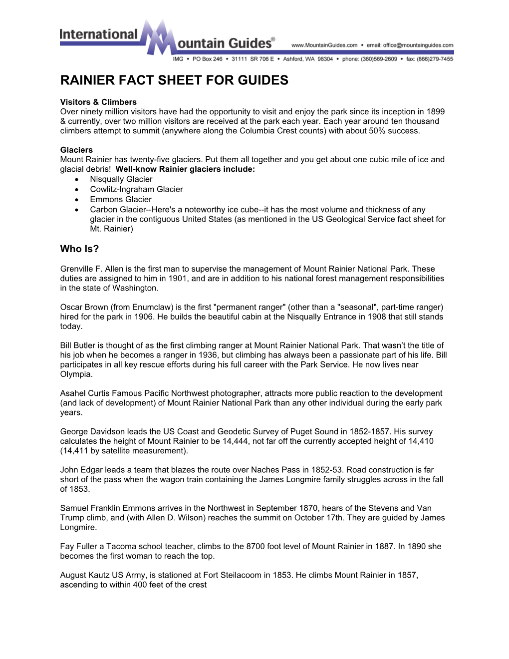 Rainier Fact Sheet for Guides