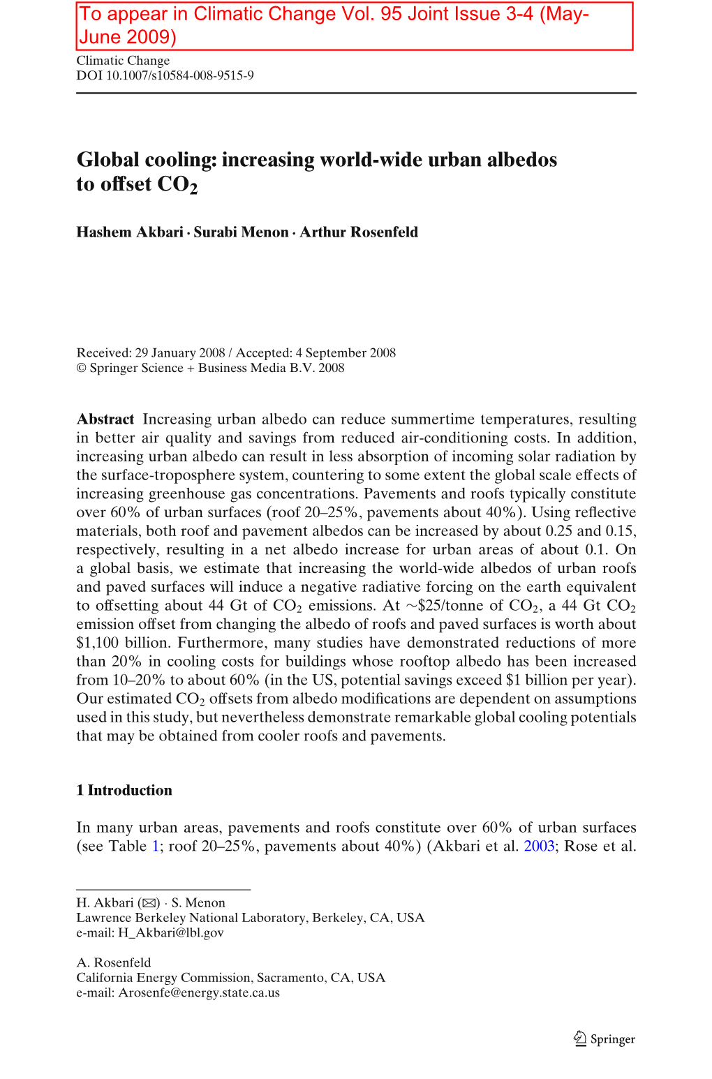 Global Cooling: Increasing World-Wide Urban Albedos to Offset CO2