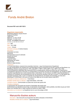 Inventaire Du Fonds Andre Breton