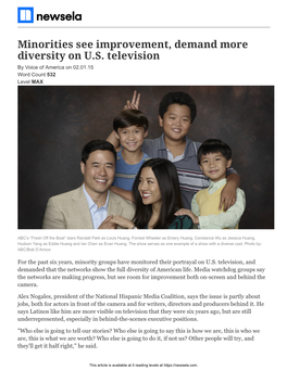 Minorities See Improvement, Demand More Diversity on U.S. Television by Voice of America on 02.01.15 Word Count 532 Level MAX
