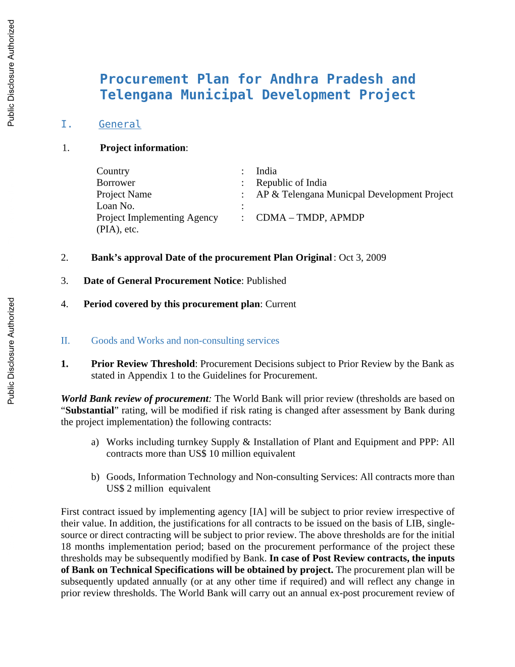 Procurement Plan for Andhra Pradesh and Telengana Municipal Development Project