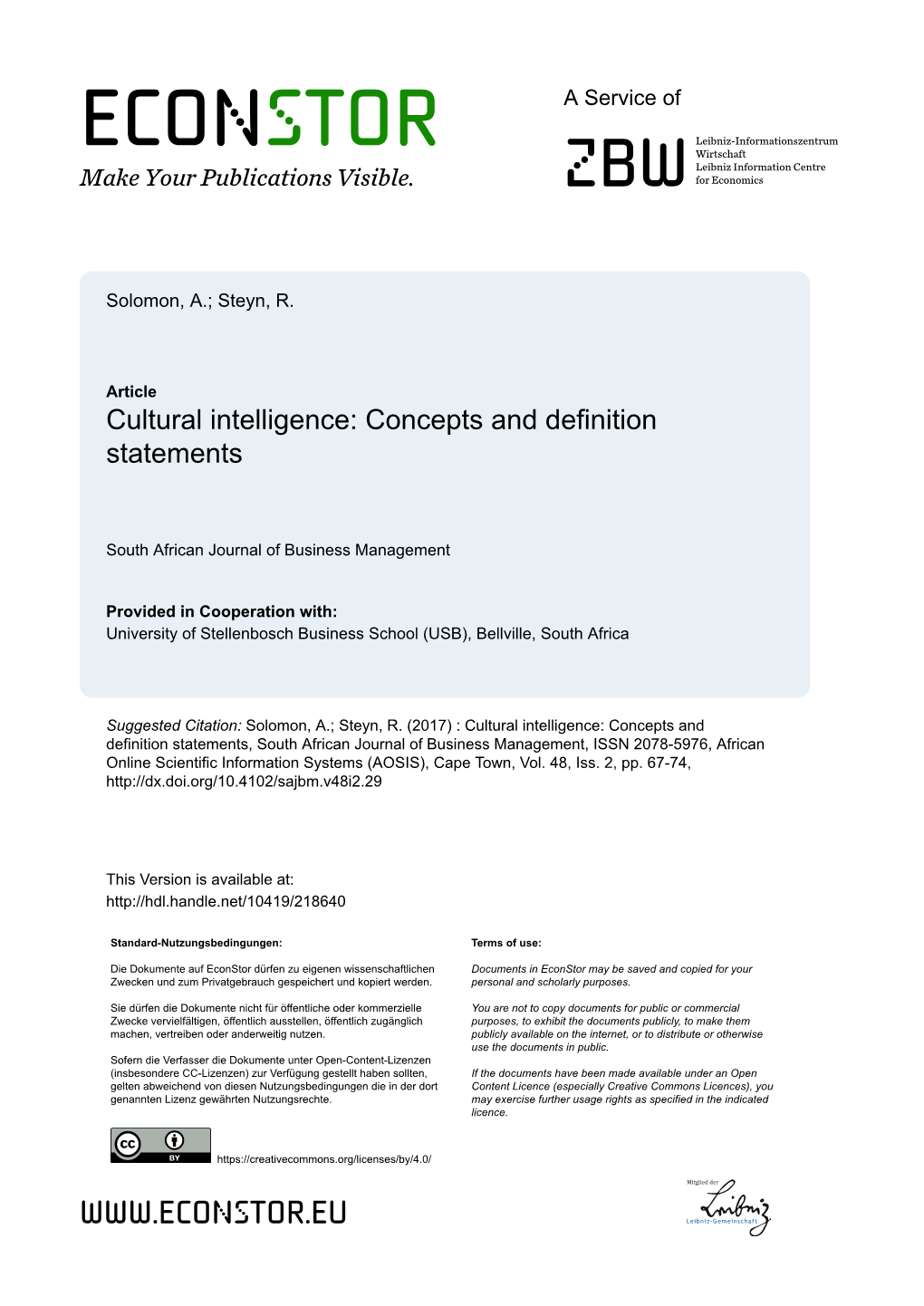 Cultural Intelligence: Concepts and Definition Statements