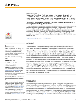 Water Quality Criteria for Copper Based on the BLM Approach in the Freshwater in China