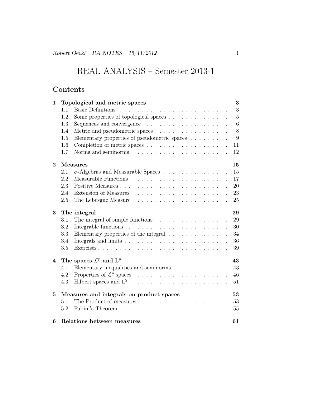 REAL ANALYSIS – Semester 2013-1