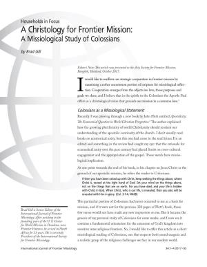 A Christology for Frontier Mission: a Missiological Study of Colossians by Brad Gill
