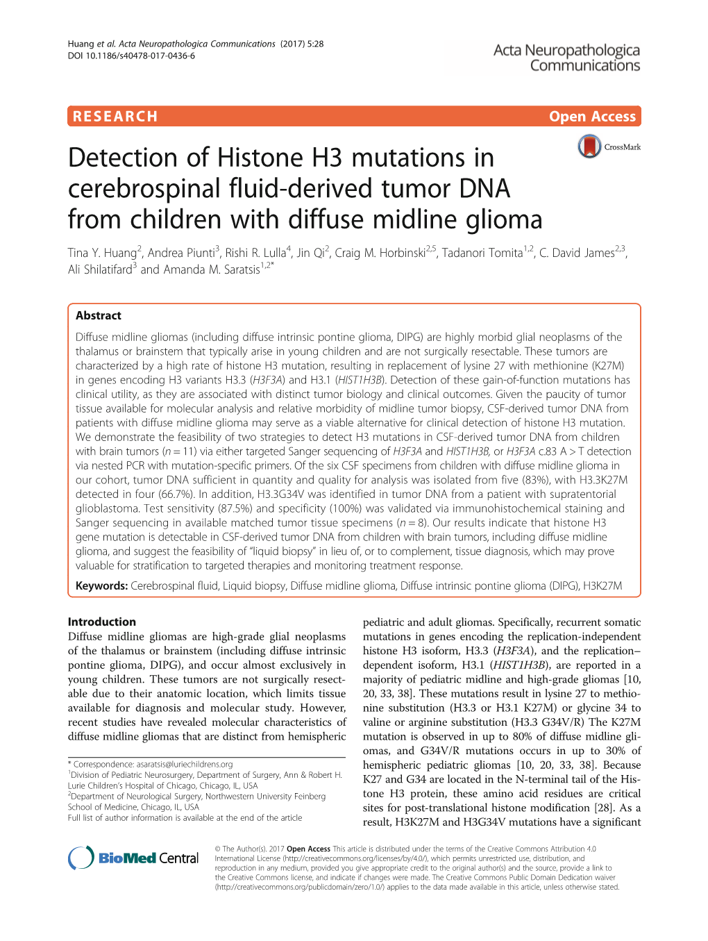 Detection of Histone H3 Mutations in Cerebrospinal Fluid-Derived Tumor DNA from Children with Diffuse Midline Glioma Tina Y