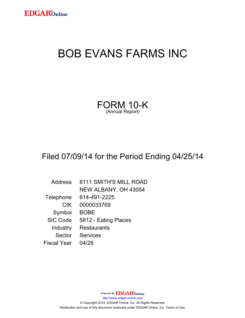 Bob Evans Farms Inc