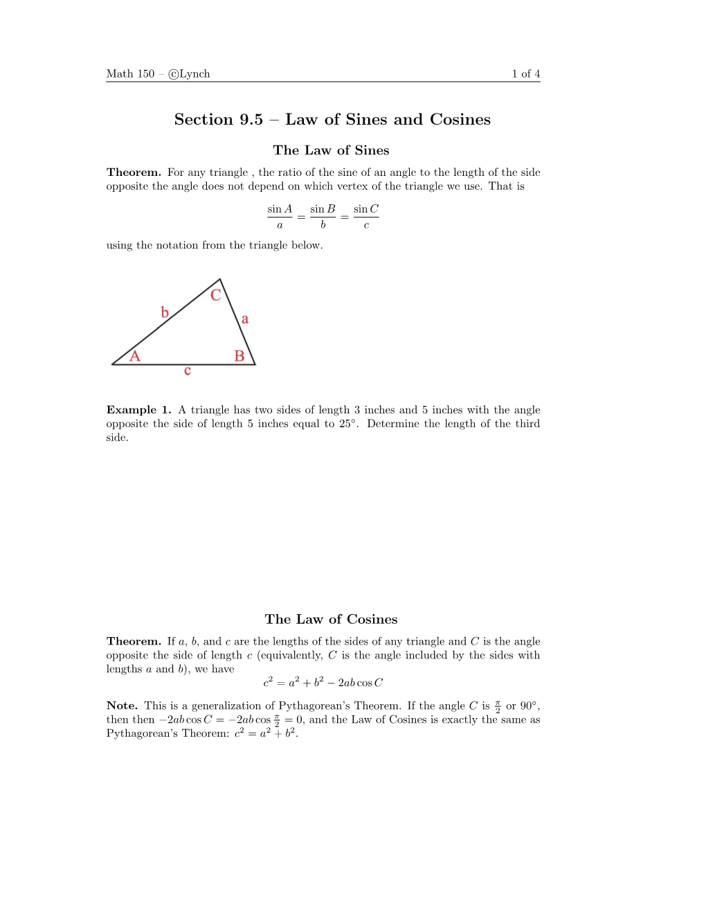 Section 9.5 – Law of Sines and Cosines