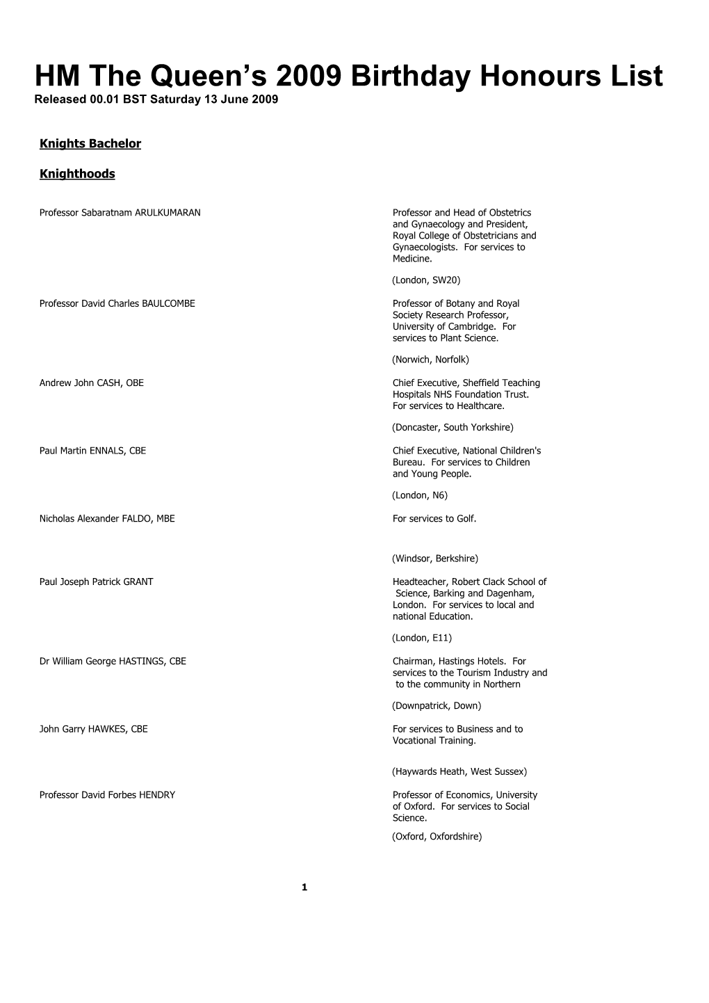 HM the Queen's 2009 Birthday Honours List