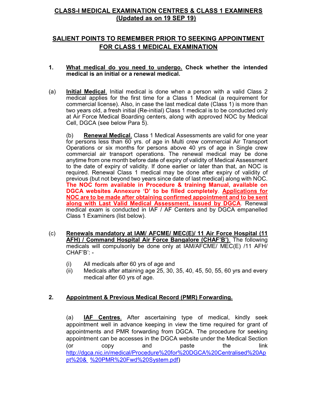 CLASS-I MEDICAL EXAMINATION CENTRES & CLASS 1 EXAMINERS (Updated As on 19 SEP 19) SALIENT POINTS to REMEMBER PRIOR to SEEKIN
