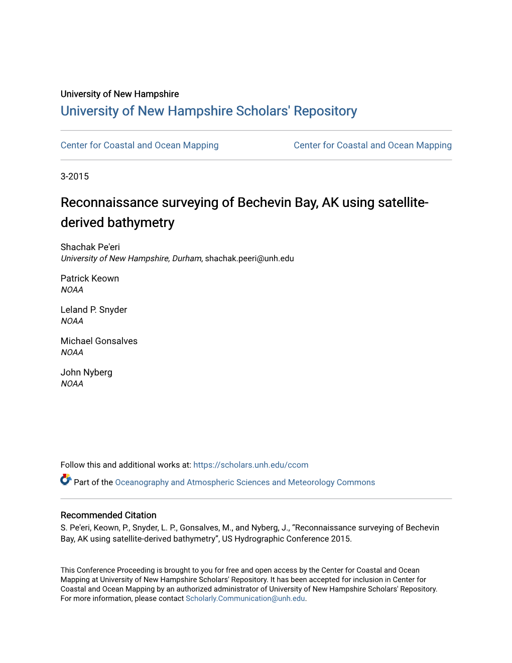 Reconnaissance Surveying of Bechevin Bay, AK Using Satellite- Derived Bathymetry