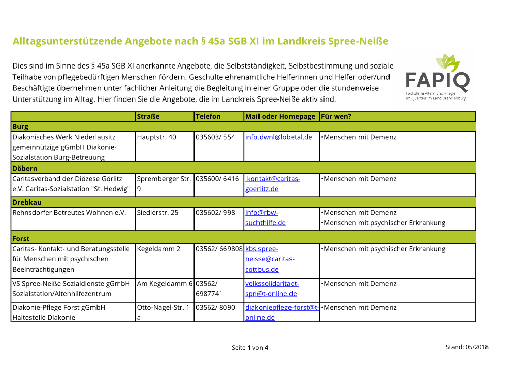 Alltagsunterstützende Angebote Nach § 45A SGB XI Im Landkreis Spree-Neiße