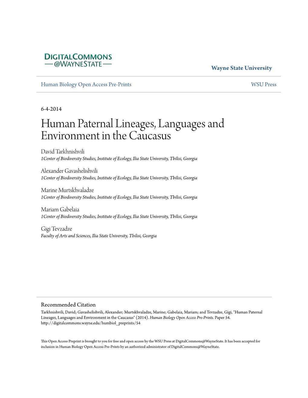 Human Paternal Lineages, Languages and Environment in the Caucasus