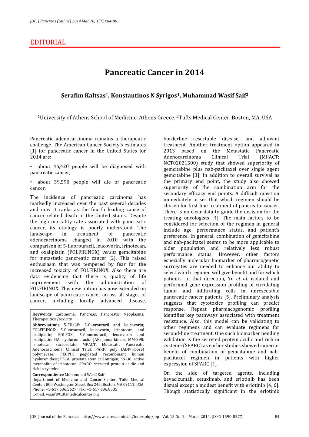 Pancreatic Cancer in 2014