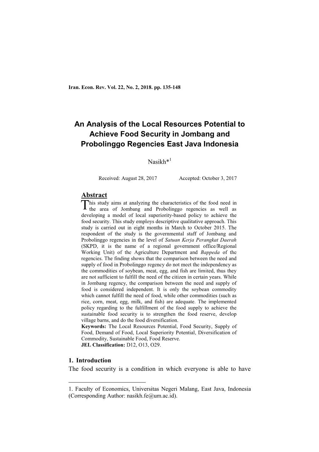 An Analysis of the Local Resources Potential to Achieve Food Security in Jombang and Probolinggo Regencies East Java Indonesia