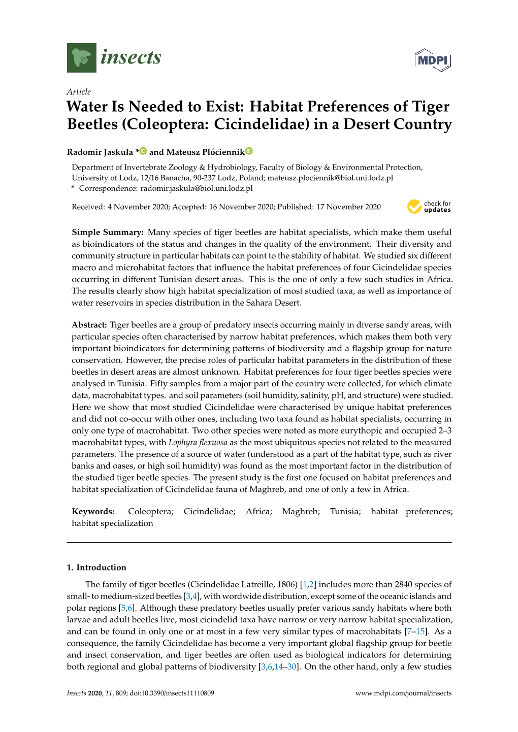 Habitat Preferences of Tiger Beetles (Coleoptera: Cicindelidae) in a Desert Country