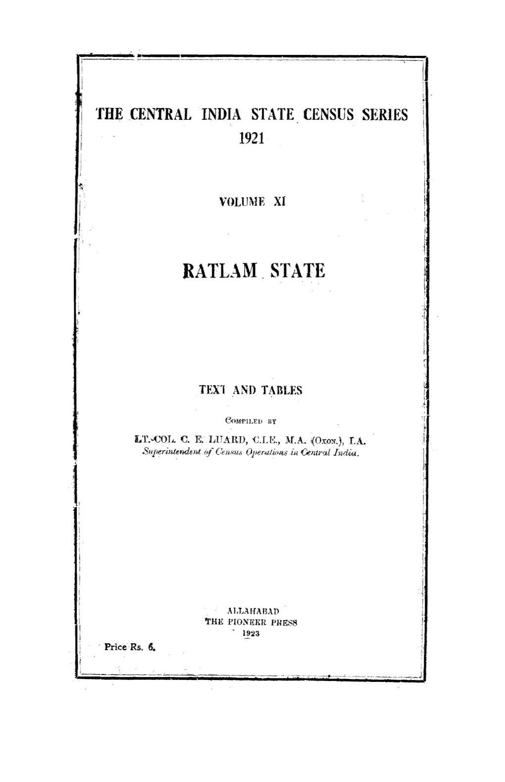 Central India State Census Series, Vol-XI, Ratlam