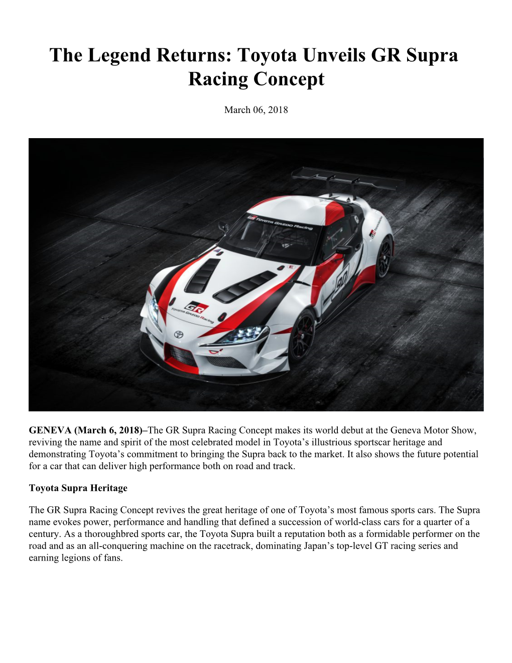 The Legend Returns: Toyota Unveils GR Supra Racing Concept