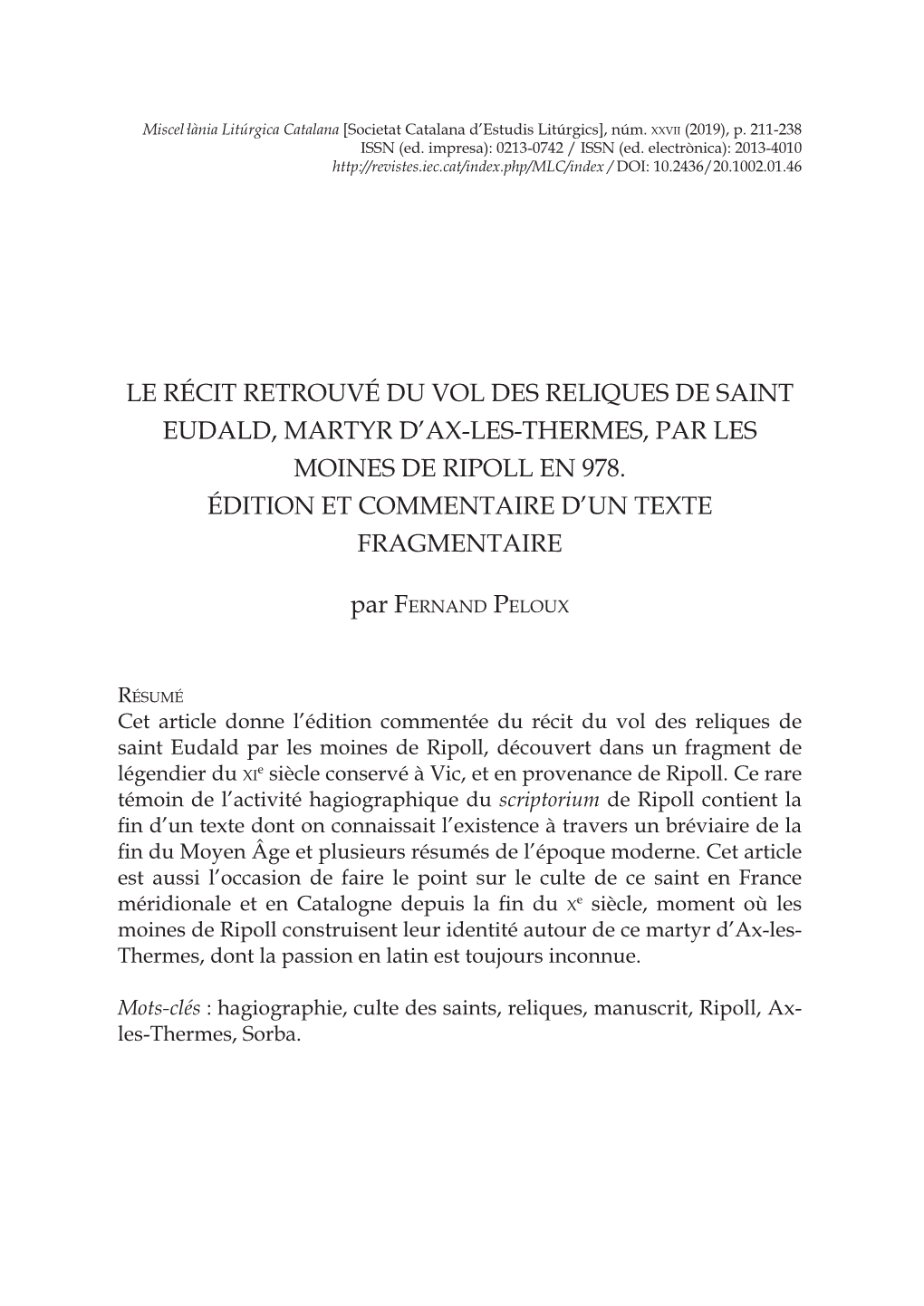 Le Récit Retrouvé Du Vol Des Reliques De Saint Eudald, Martyr D’Ax-Les-Thermes, Par Les Moines De Ripoll En 978