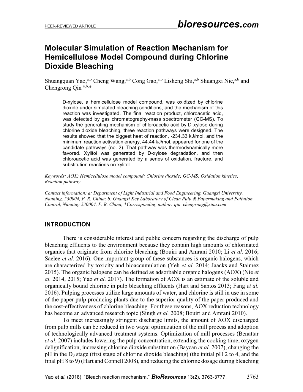 Molecular Simulation of Reaction Mechanism for Hemicellulose Model Compound During Chlorine Dioxide Bleaching