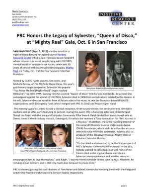 PRC Honors the Legacy of Sylvester, “Queen of Disco,” at “Mighty Real” Gala, Oct. 6 in San Francisco