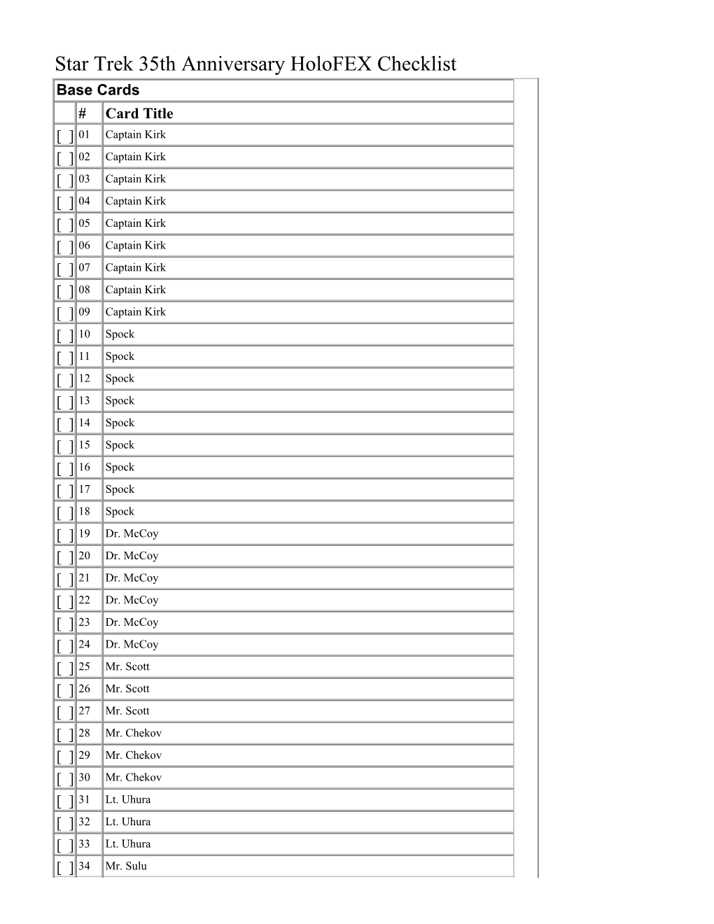 Star Trek 35Th Anniversary Holofex Checklist