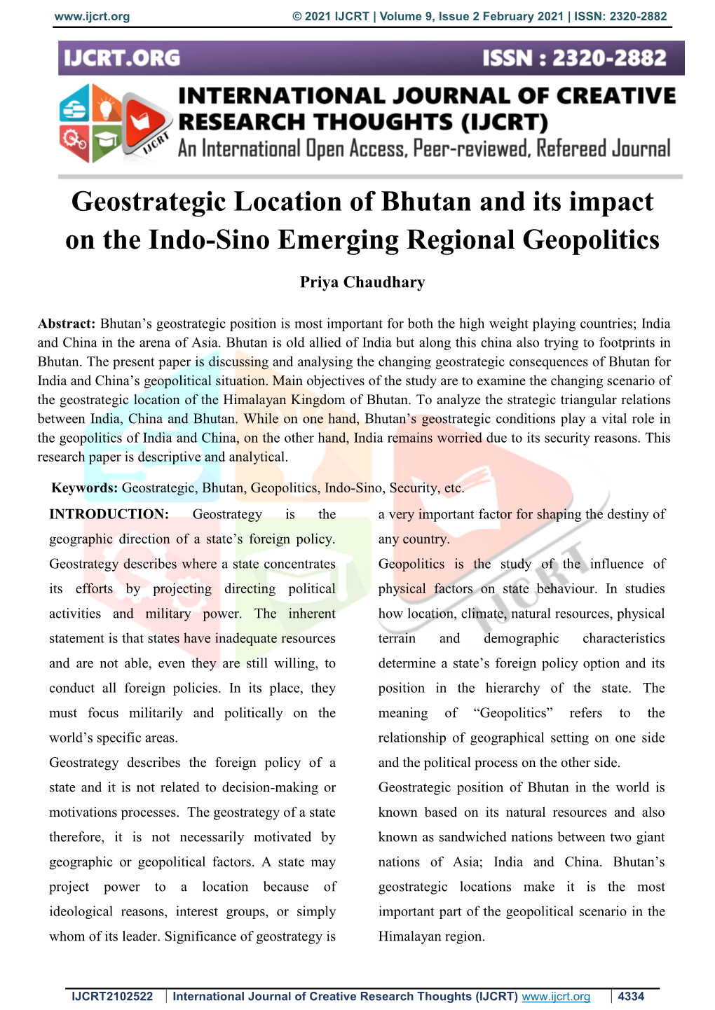 Geostrategic Location of Bhutan and Its Impact on the Indo-Sino Emerging Regional Geopolitics