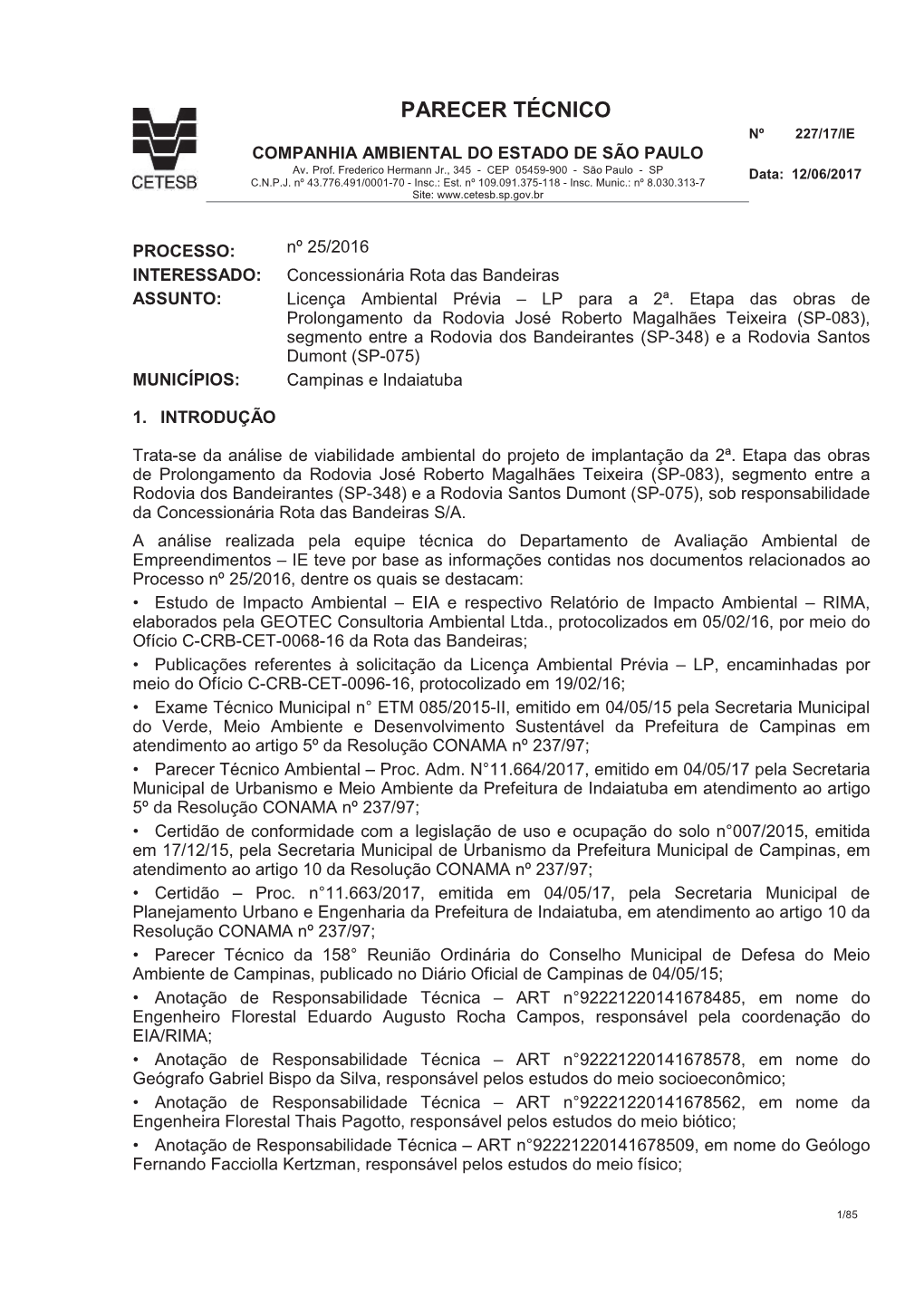 PARECER TÉCNICO Nº 227/17/IE COMPANHIA AMBIENTAL DO ESTADO DE SÃO PAULO Av