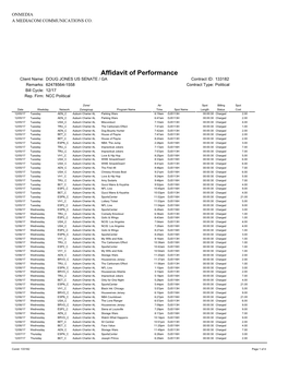 Affidavit of Performance Client Name: DOUG JONES US SENATE / GA Contract ID: 133182 Remarks: 62478564-1558 Contract Type: Political Bill Cycle: 12/17 Rep