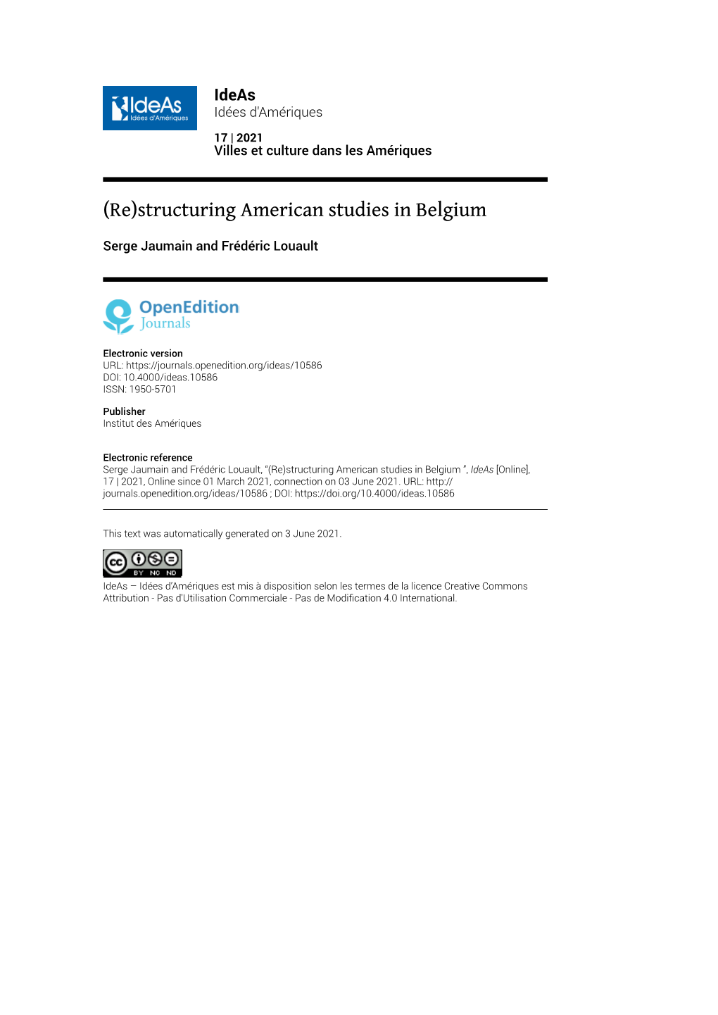 Structuring American Studies in Belgium