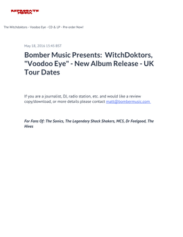 Witchdoktors, "Voodoo Eye" - New Album Release - UK Tour Dates
