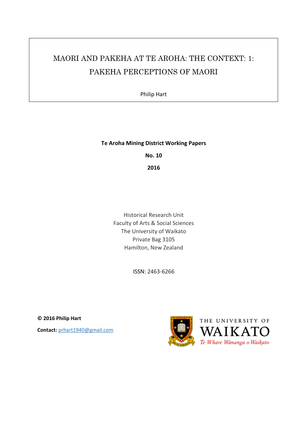 Maori and Pakeha at Te Aroha: the Context: 1: Pakeha Perceptions of Maori